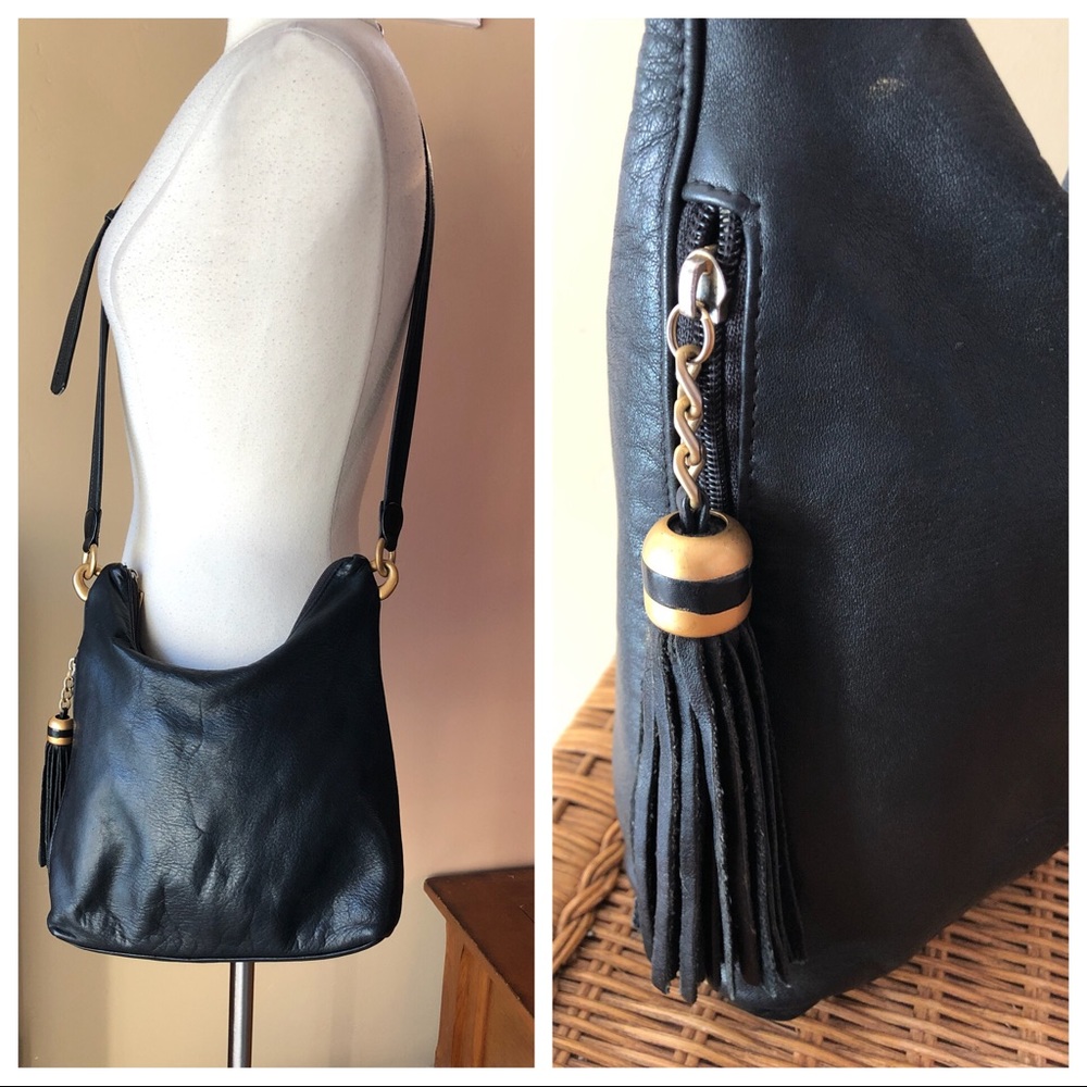 Black Leather Shoulder Bag with Tassel - Unbranded